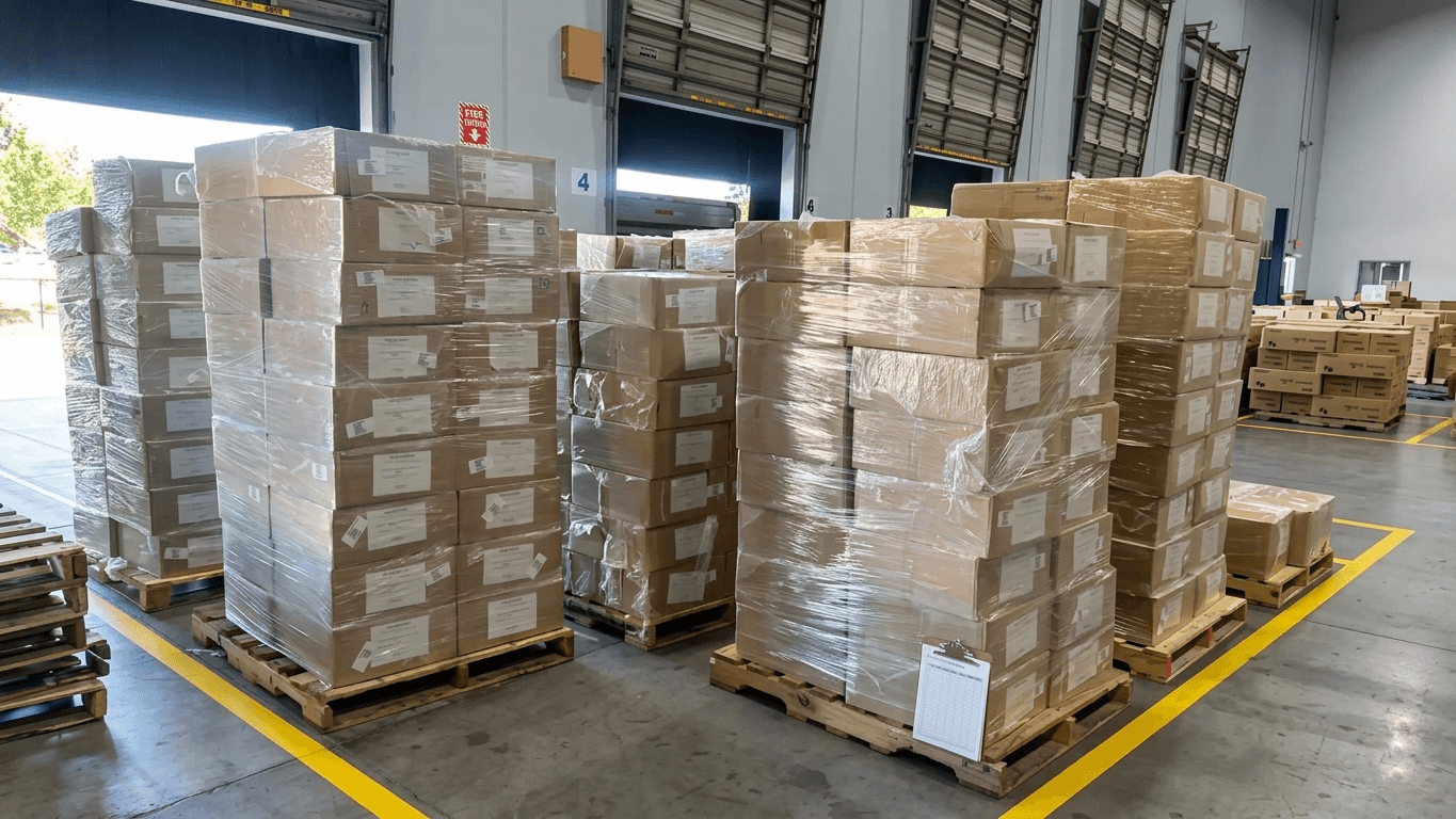 Warehouse aisle with organized inventory